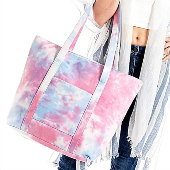Pastel Tie Dye Tote Bag | Large Canvas Beach Travel Shoulder Bag - Picture 3 of 4